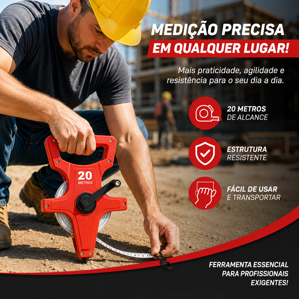 Trena - Fita Métrica de Fibra de Vidro Retrátil Gadan -20 metros - Imagem 4