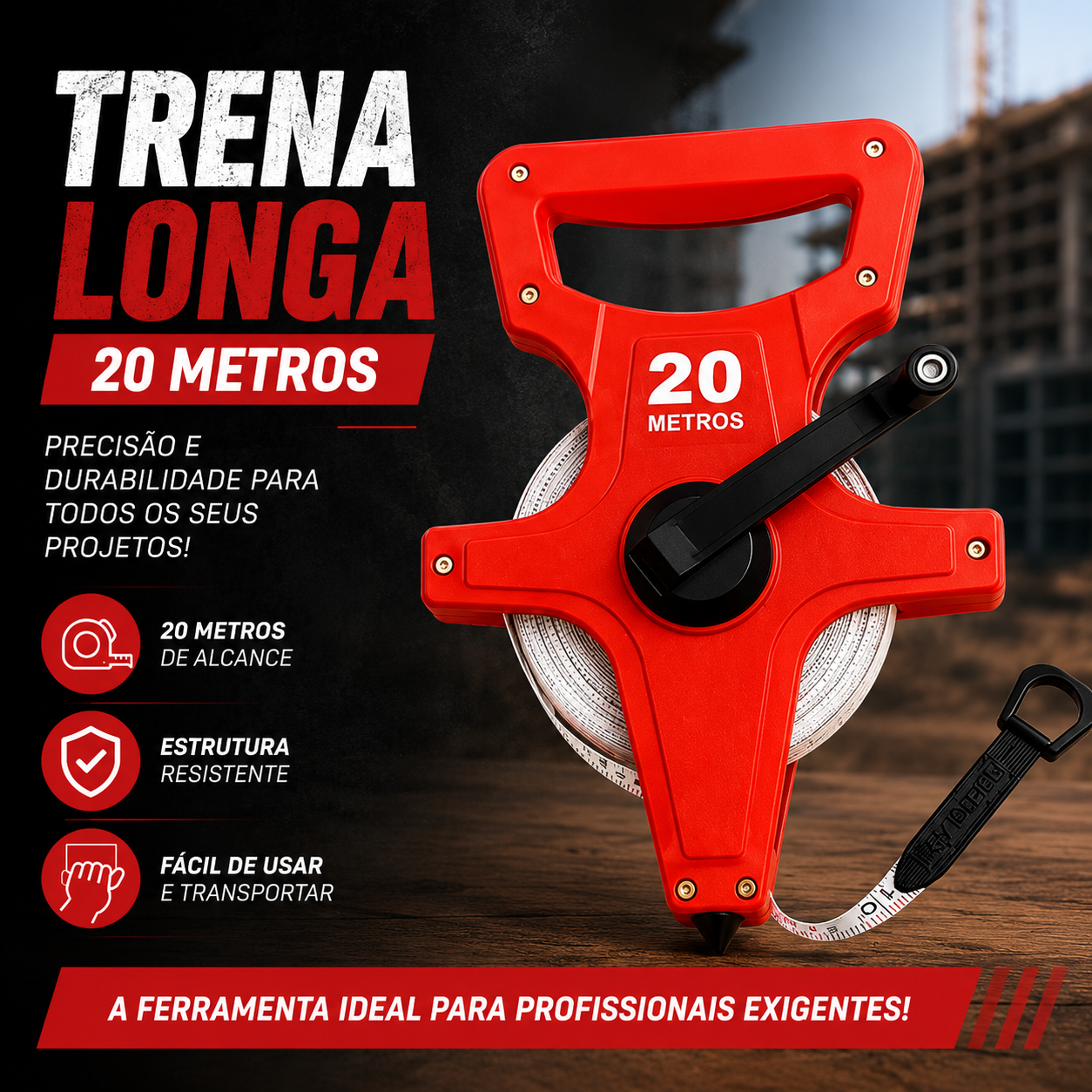 Trena - Fita Métrica de Fibra de Vidro Retrátil Gadan - 30 metros - Imagem 3