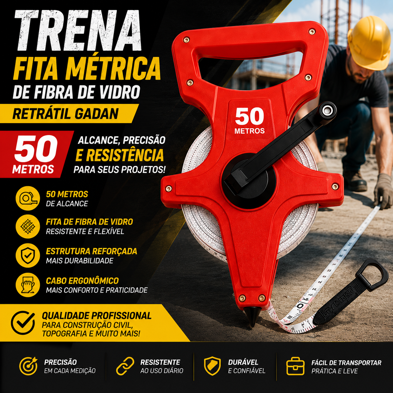 Trena - Fita Métrica de Fibra de Vidro Retrátil Gadan -50 metros - Imagem 4